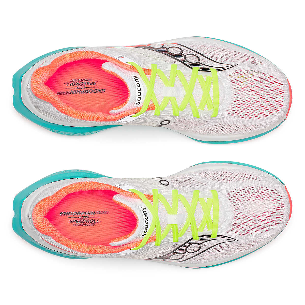 Endorphin Speed 5 - Men by Saucony in white with neon green laces, lightweight road running shoe with nylon plate and PWRRUN PB cushioning for speed and smooth strides