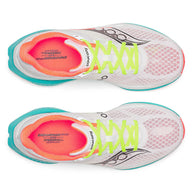 Endorphin Speed 5 - Men by Saucony in white with neon green laces, lightweight road running shoe with nylon plate and PWRRUN PB cushioning for speed and smooth strides