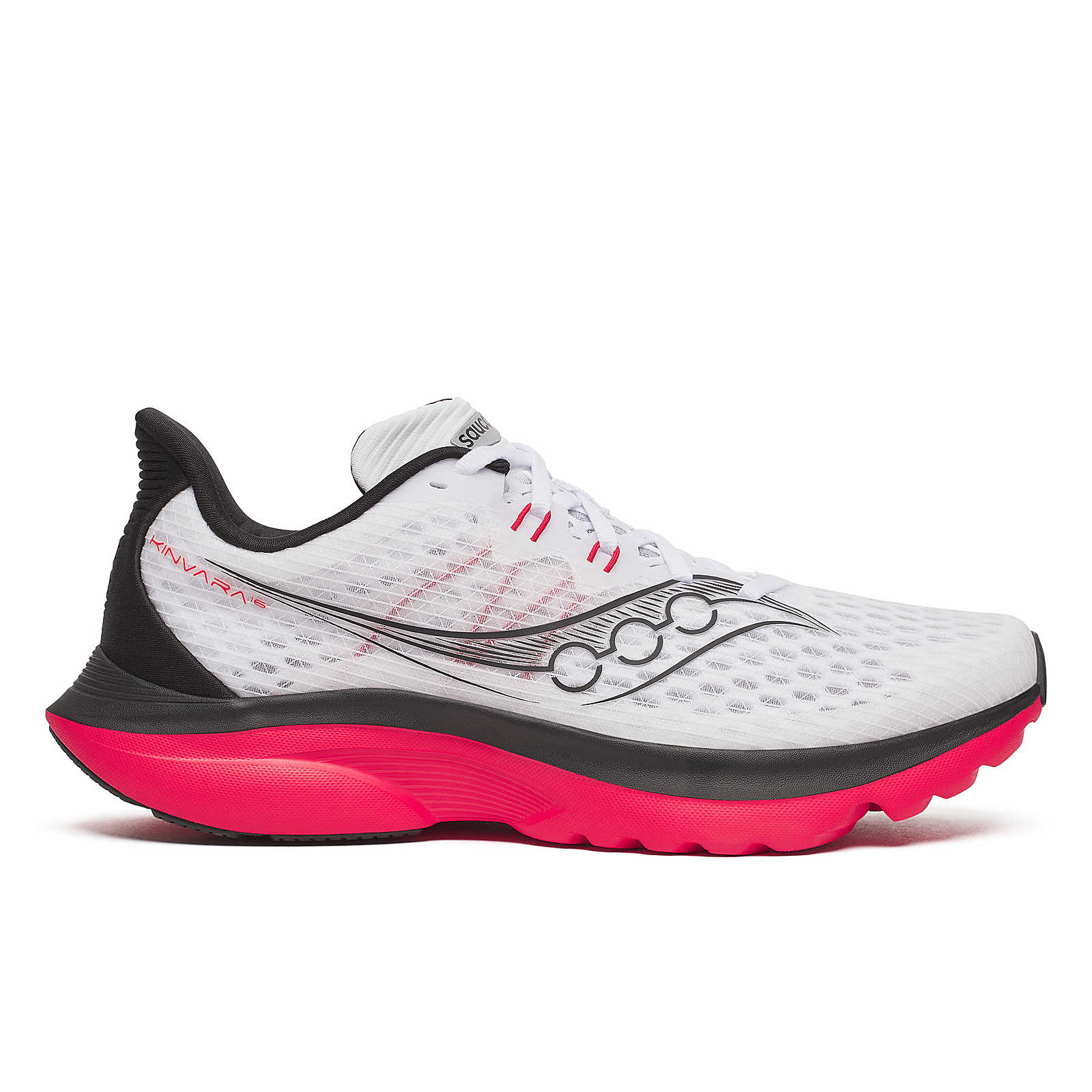 Kinvara 16 - Men by Saucony in white, black, and pink with PWRRUN cushioning, lightweight road running shoe for an energized ride