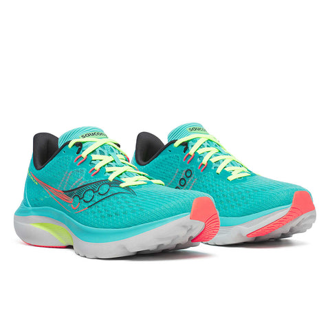 Kinvara 16 - Men by Saucony in turquoise and coral, lightweight trainer with PWRRUN cushioning for smooth energized road running