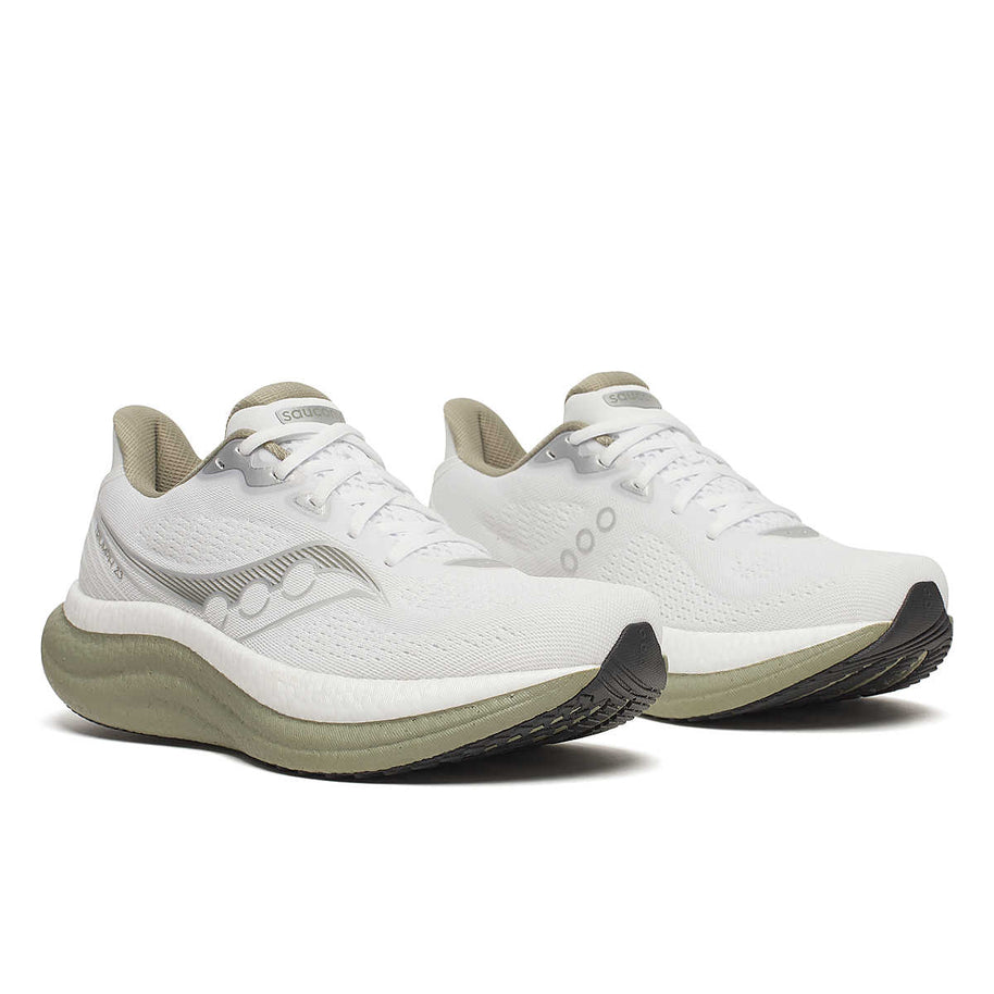 Triumph 23 - Men by Saucony in white and olive, responsive cushioned running shoes with PWRRUN PB midsole for long-distance road running