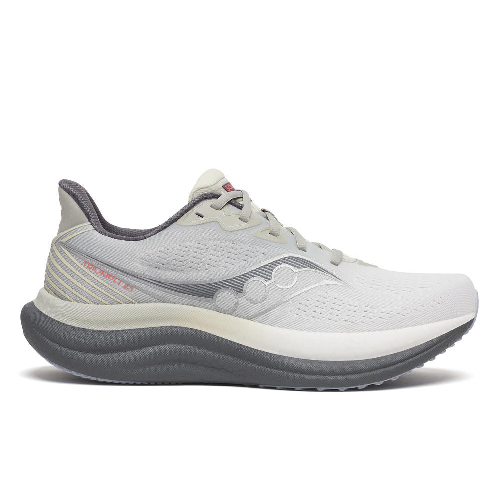 Triumph 23 - Men by Saucony in light grey and black with PWRRUN PB cushioning for responsive long-distance road running and comfort