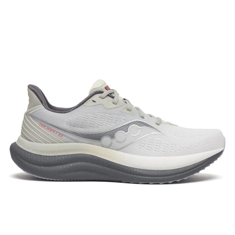 Triumph 23 - Men by Saucony in light grey and black with PWRRUN PB cushioning for responsive long-distance road running and comfort