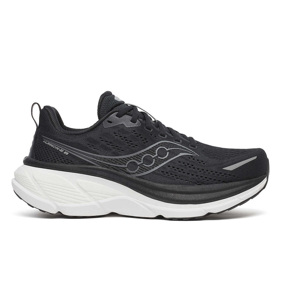 Hurricane 25 Wide - Men by Saucony in black and white with max cushioning and superfoam for comfortable road running and support