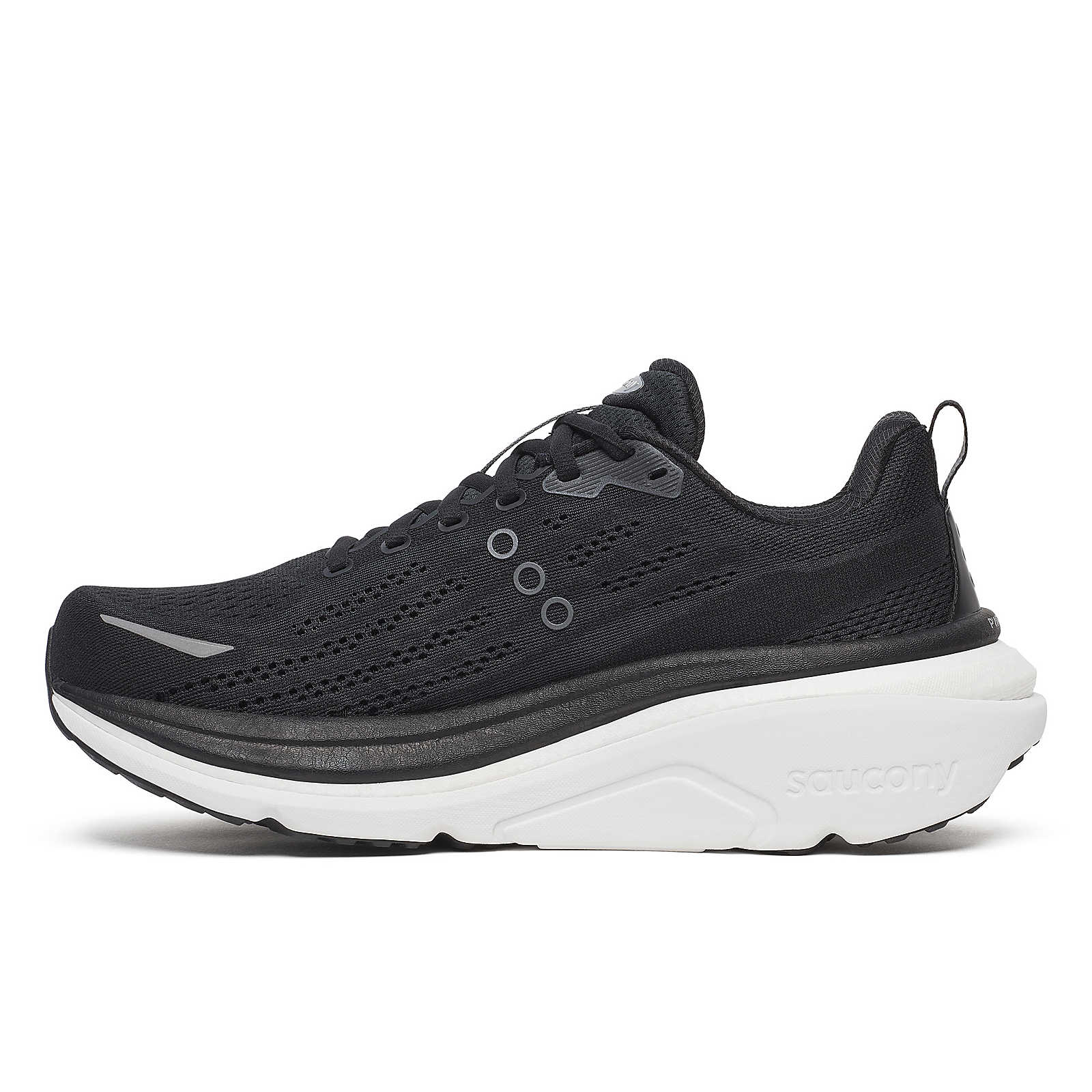 Hurricane 25 Wide - Men by Saucony in black and white with max cushioning and responsive superfoam for comfortable road running