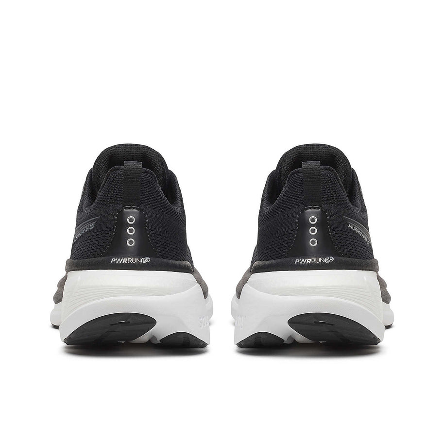 Hurricane 25 Wide - Men by Saucony in black and white with max cushioning and responsive superfoam for road running and comfort