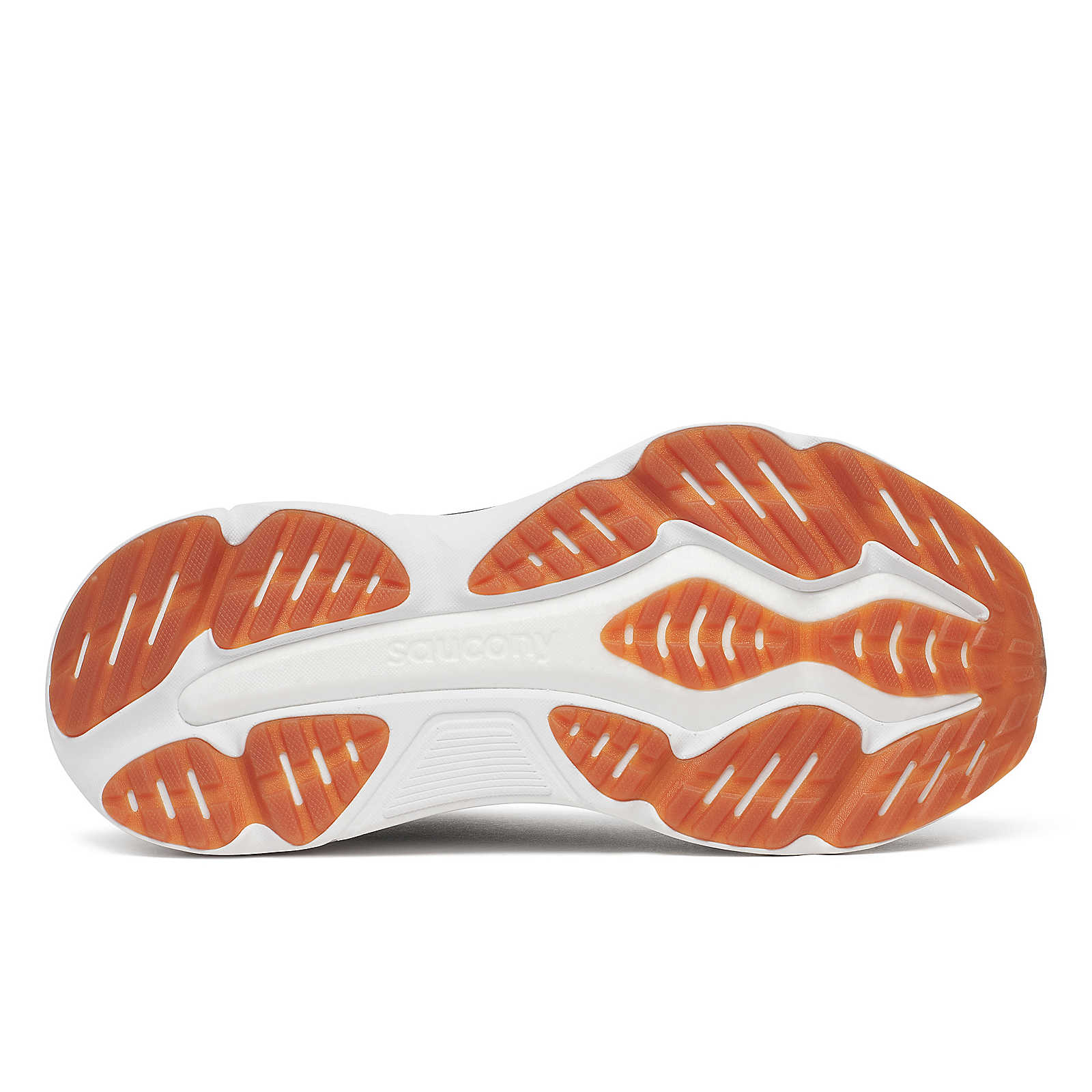 Hurricane 25 - Men by Saucony in white and orange outsole, max cushioning and responsive superfoam for comfortable road running