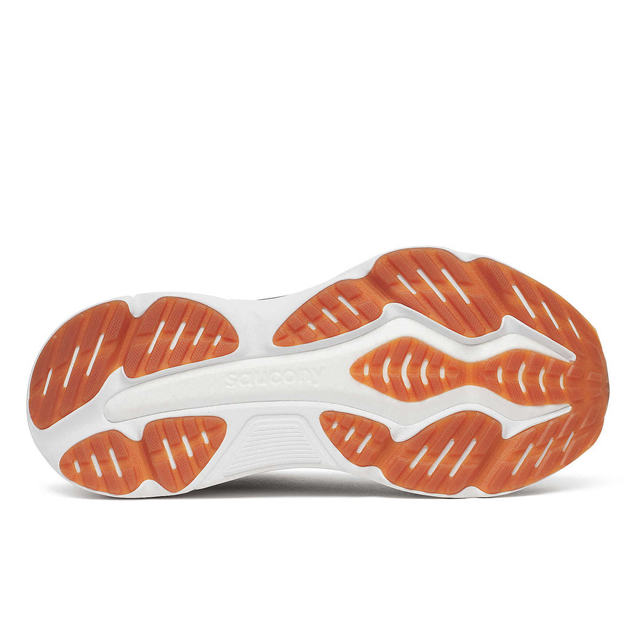 Hurricane 25 - Men by Saucony in white and orange outsole, max cushioning and responsive superfoam for comfortable road running