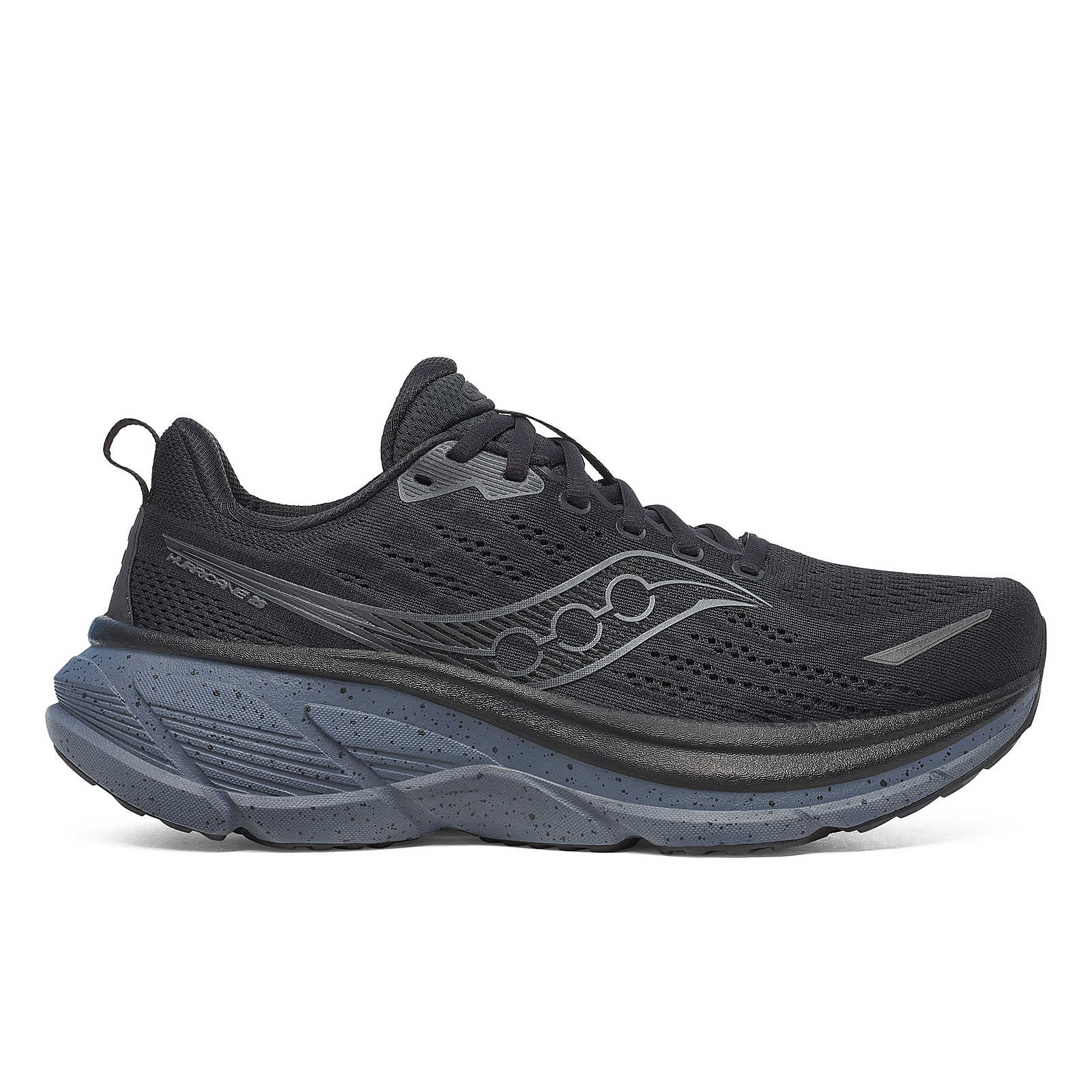 Hurricane 25 - Men by Saucony in black and dark grey, max cushioning road running shoe with soft responsive superfoam for comfort and support
