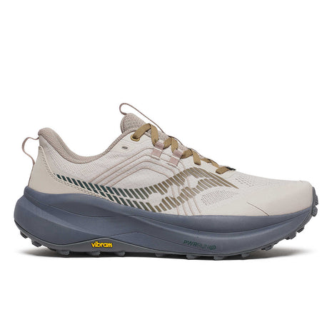 Xodus Ultra 4 - Men by Saucony in beige and dark grey, max cushioned trail running shoe with Vibram sole for long-haul outdoor use