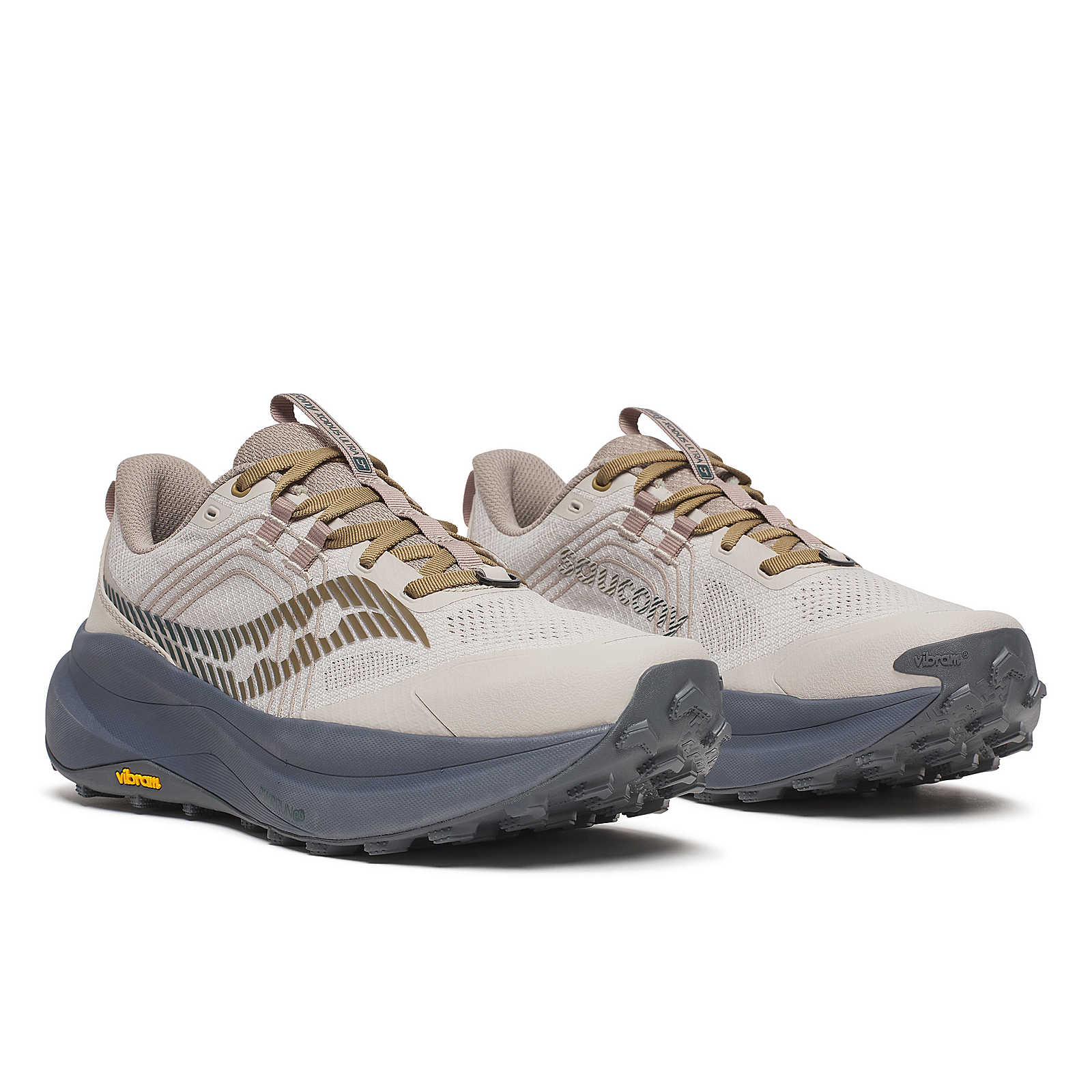 Xodus Ultra 4 - Men by Saucony in beige and grey, max cushioned trail running shoe with Vibram outsole for long-haul outdoor use