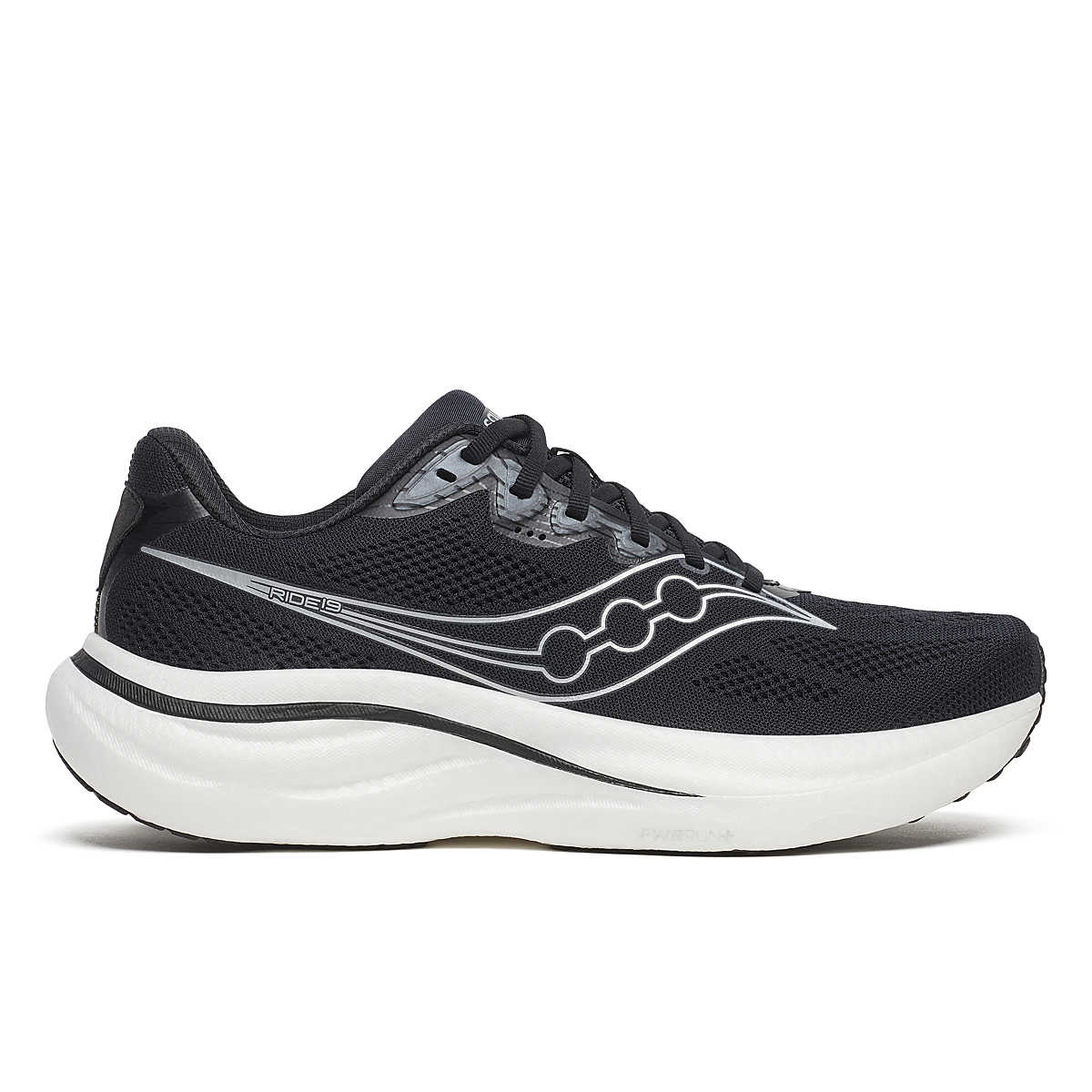 Ride 19 Wide - Men by Saucony in black and white, lightweight responsive road running shoe for long runs and faster training