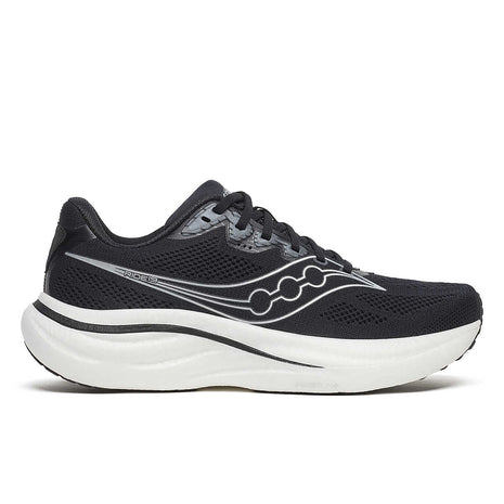 Ride 19 Wide - Men by Saucony in black and white, lightweight responsive road running shoe for long runs and faster training
