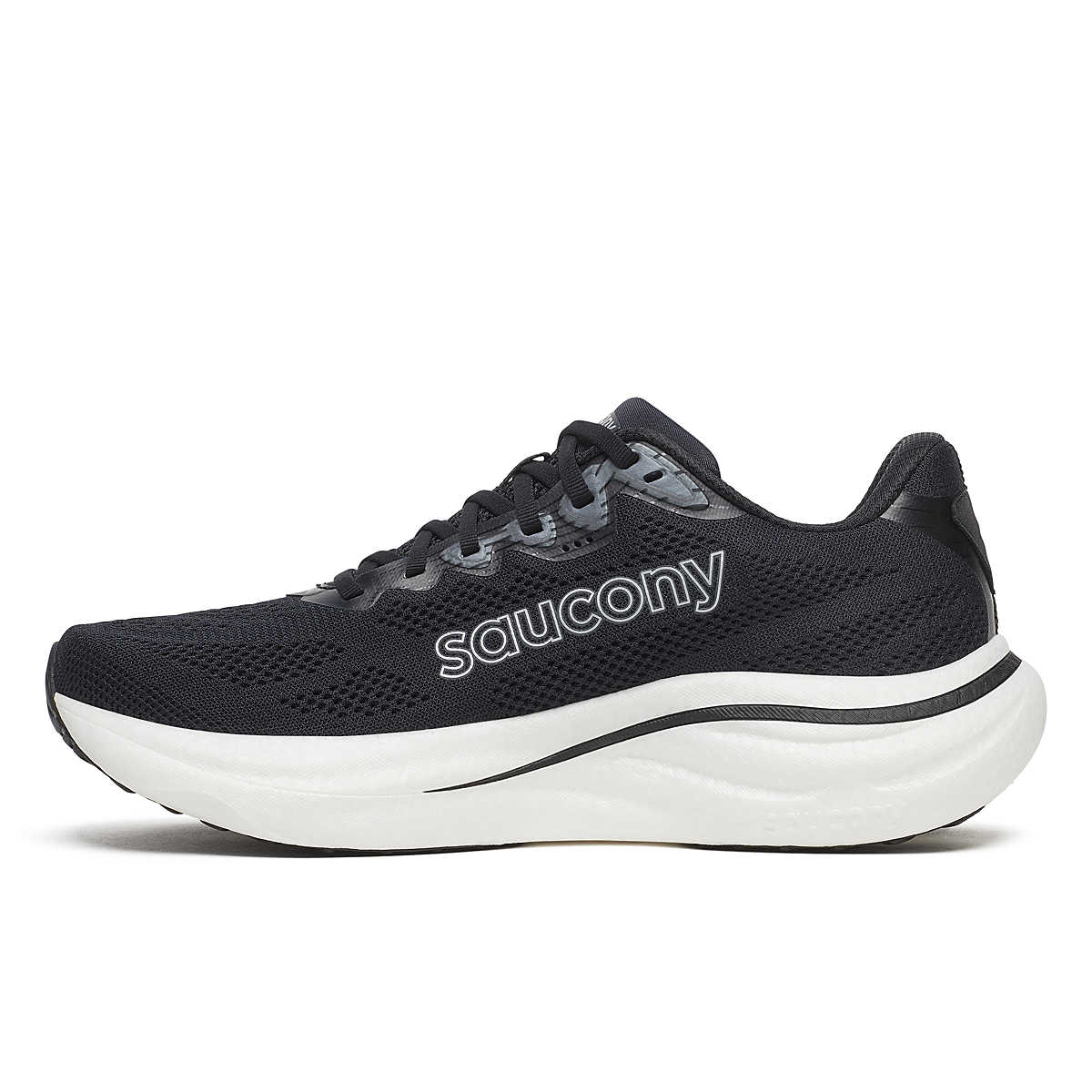 Ride 19 Wide - Men by Saucony in black with white sole, lightweight responsive road running shoe ideal for longer steady runs and training
