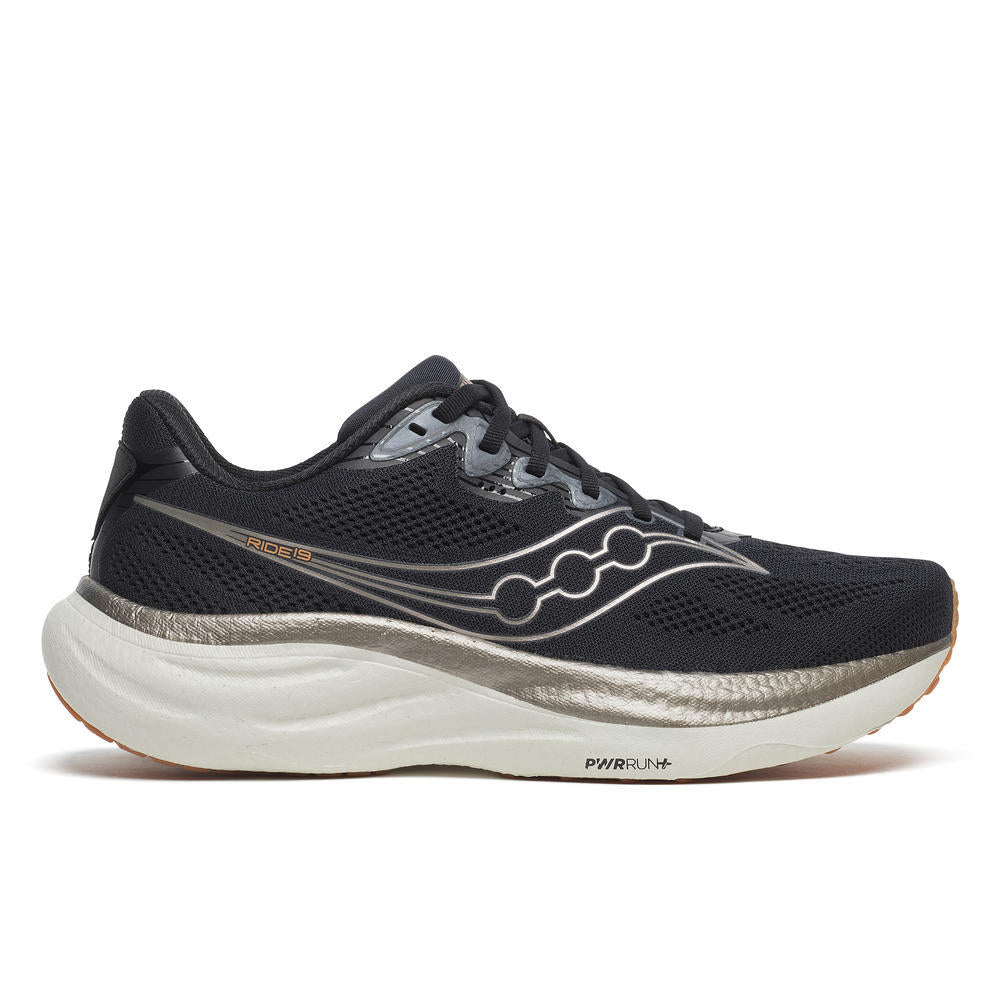 Ride 19 - Men by Saucony in black and silver, lightweight responsive road running shoe designed for easy miles and training runs