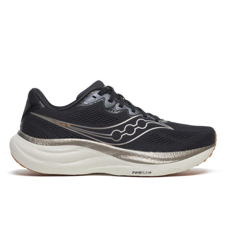 Ride 19 - Men by Saucony in black and silver, lightweight responsive road running shoe designed for easy miles and training runs