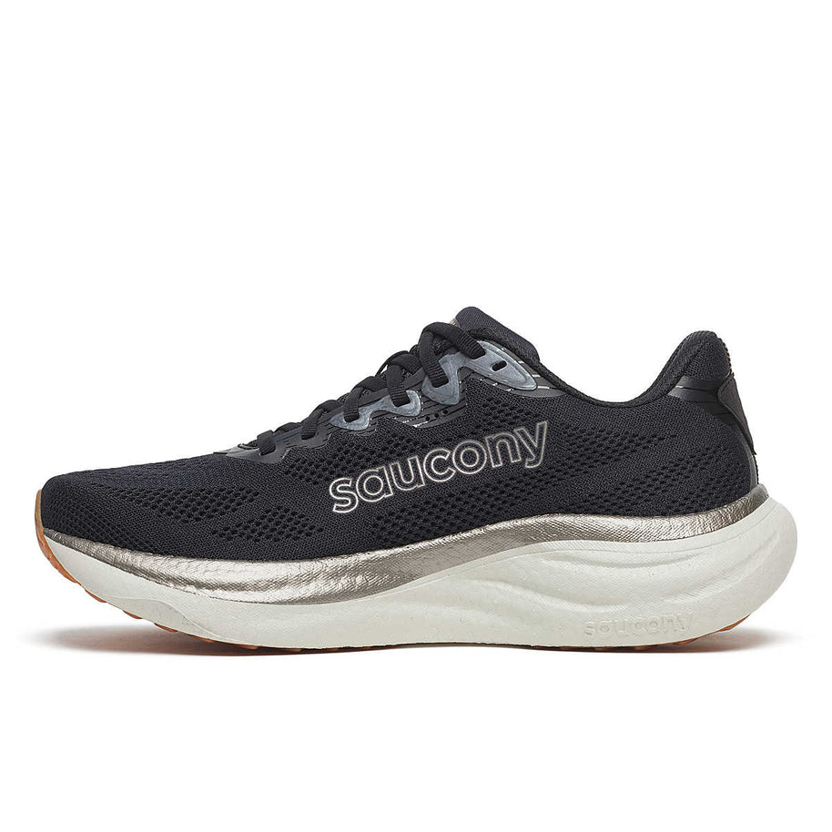 Ride 19 - Men by Saucony in black and silver, lightweight responsive road running shoe for easy miles and faster training sessions