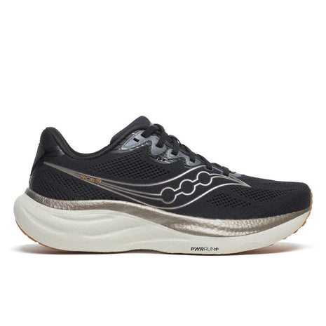 Ride 19 - Men by Saucony in black and silver, lightweight responsive road running shoe designed for easy miles and training runs