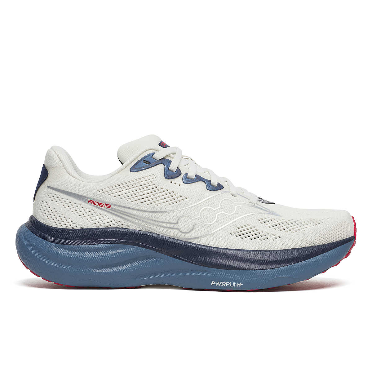 Ride 19 - Men by Saucony in white and navy, lightweight responsive road running shoe designed for long runs and faster training