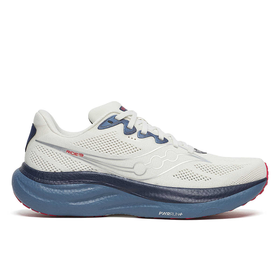 Ride 19 - Men by Saucony in white and navy, lightweight responsive road running shoe designed for long runs and faster training
