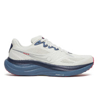 Ride 19 - Men by Saucony in white and navy, lightweight responsive road running shoe designed for long runs and faster training