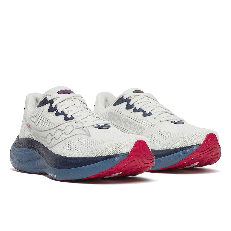Ride 19 - Men by Saucony in white, navy, and red, lightweight responsive road running shoe for daily runs and training