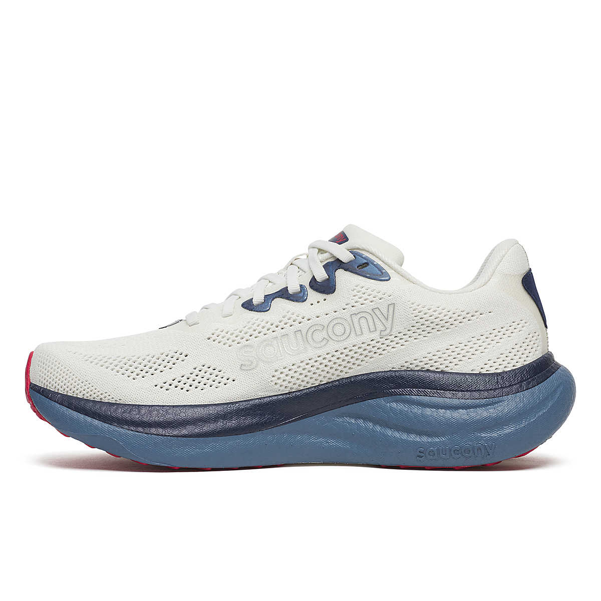 Ride 19 - Men by Saucony in white and navy, lightweight responsive road running shoe designed for easy miles and faster training sessions