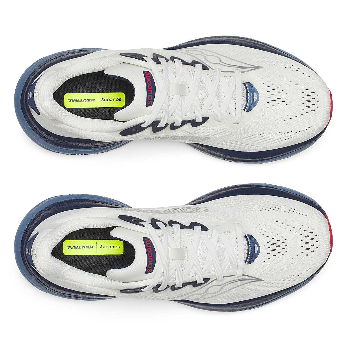 Ride 19 - Men by Saucony in white and navy, lightweight road running shoe designed for soft, responsive long runs and training