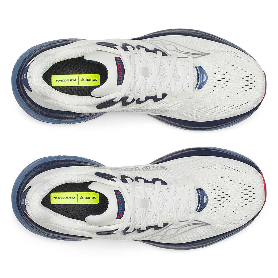 Ride 19 - Men by Saucony in white and navy, lightweight road running shoe designed for soft, responsive long runs and training