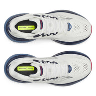 Ride 19 - Men by Saucony in white and navy, lightweight road running shoe designed for soft, responsive long runs and training
