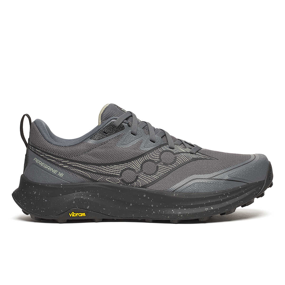Peregrine 16 Wide - Men by Saucony in dark grey and black, trail shoe with Vibram Megagrip sole for traction and smooth cushioning