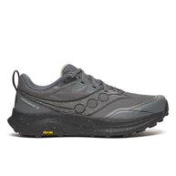 Peregrine 16 Wide - Men by Saucony in dark grey and black, trail shoe with Vibram Megagrip sole for traction and smooth cushioning