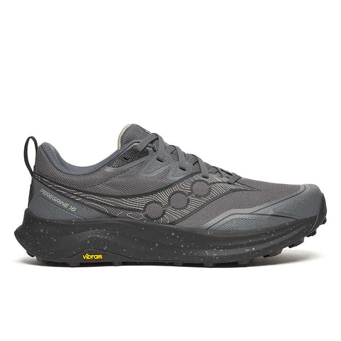 Saucony Peregrine 16 - Men gray trail running shoe with Vibram Megagrip for traction and cushioning on rugged terrain