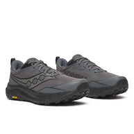 Peregrine 16 Wide - Men by Saucony in grey and black with Vibram Megagrip outsole, cushioned trail running shoe for rugged terrain and outdoor use