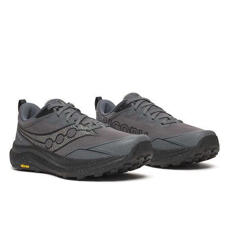 Peregrine 16 Wide - Men by Saucony in grey and black with Vibram Megagrip outsole, cushioned trail running shoe for rugged terrain and outdoor use