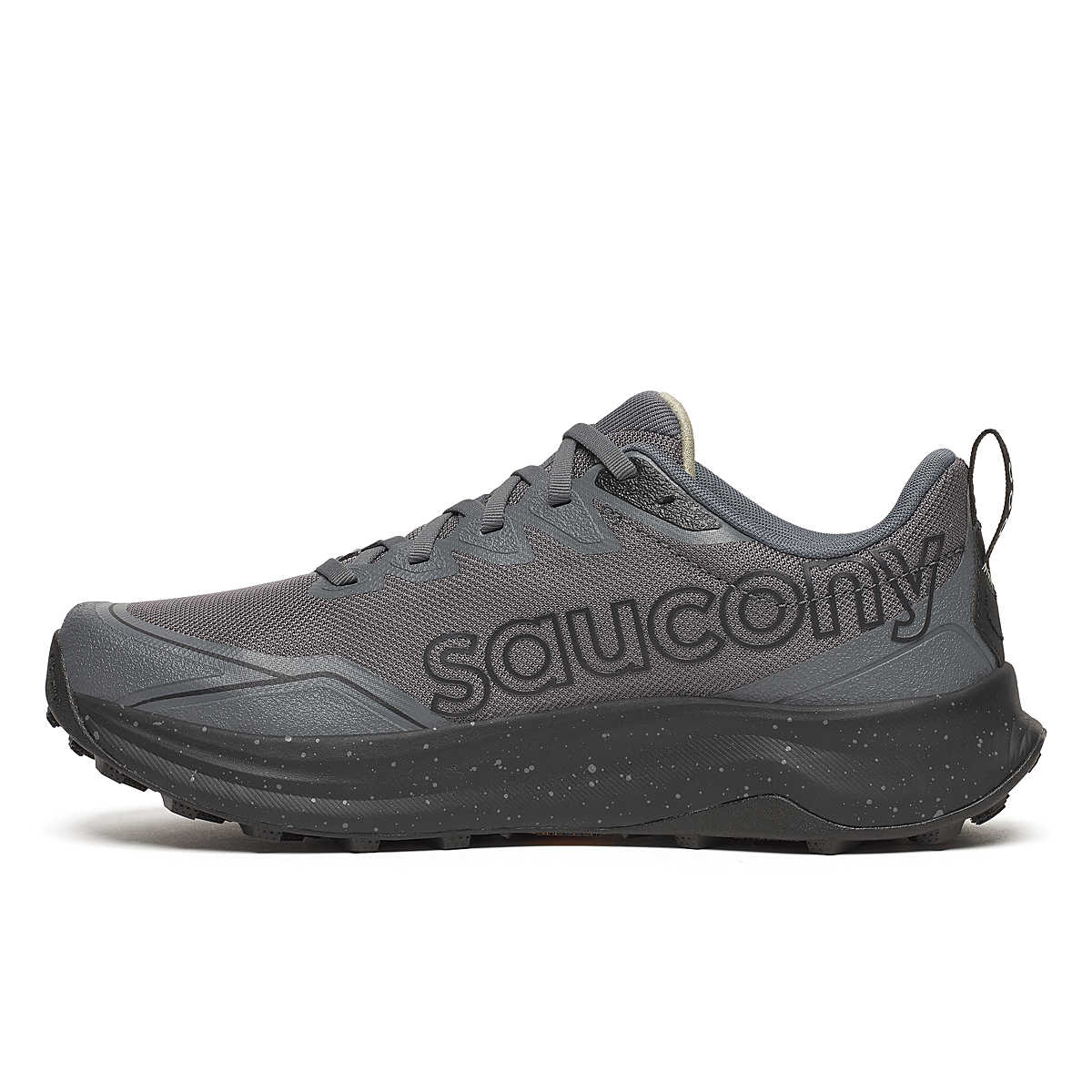Peregrine 16 Wide - Men by Saucony in grey and black, trail running shoe with Vibram Megagrip outsole and cushioned support for rugged terrain