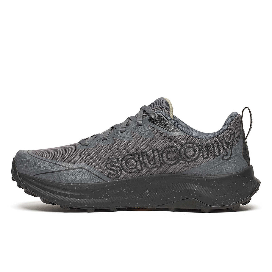 Peregrine 16 Wide - Men by Saucony in grey and black, trail running shoe with Vibram Megagrip outsole and cushioned support for rugged terrain