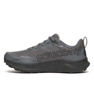 Peregrine 16 Wide - Men by Saucony in grey and black, trail running shoe with Vibram Megagrip outsole and cushioned support for rugged terrain