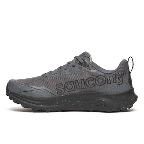 Peregrine 16 Wide - Men by Saucony in grey and black, trail running shoe with Vibram Megagrip outsole and cushioned support for rugged terrain