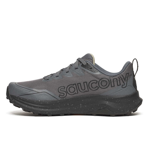 Saucony Peregrine 16 - Men in dark grey with Vibram Megagrip sole for rugged terrain, cushioning, and powerful traction for trail running.