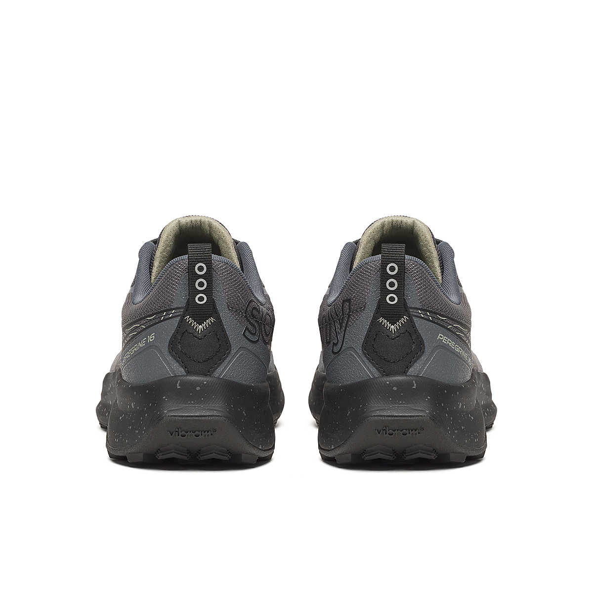 Peregrine 16 Wide - Men by Saucony in grey and black with Vibram Megagrip sole for rugged trail running and outdoor grip and cushioning