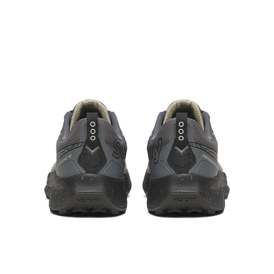 Peregrine 16 Wide - Men by Saucony in grey and black with Vibram Megagrip sole for rugged trail running and outdoor grip and cushioning