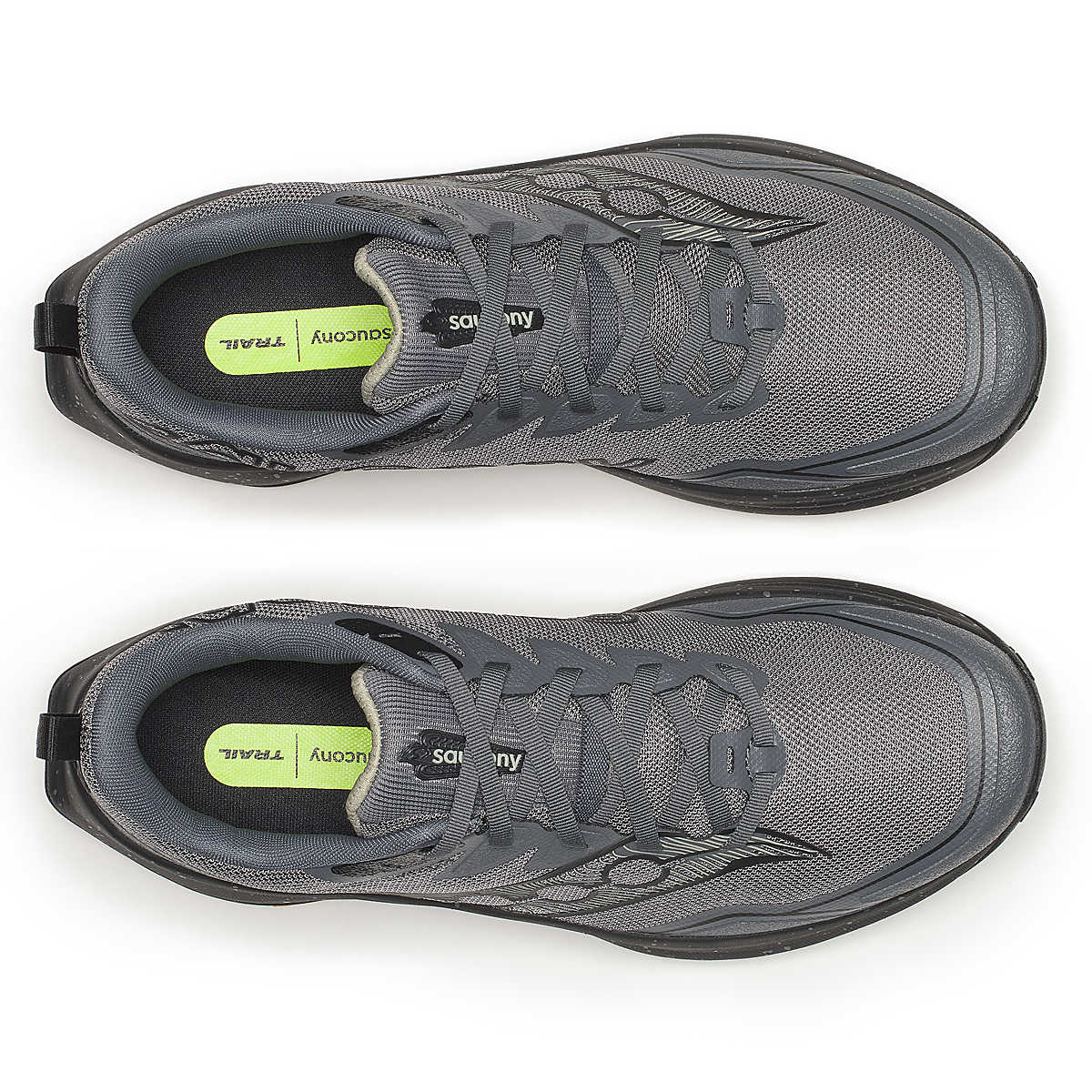 Peregrine 16 Wide - Men by Saucony in grey with Vibram Megagrip outsole, cushioned trail running shoe for rugged terrain and grip