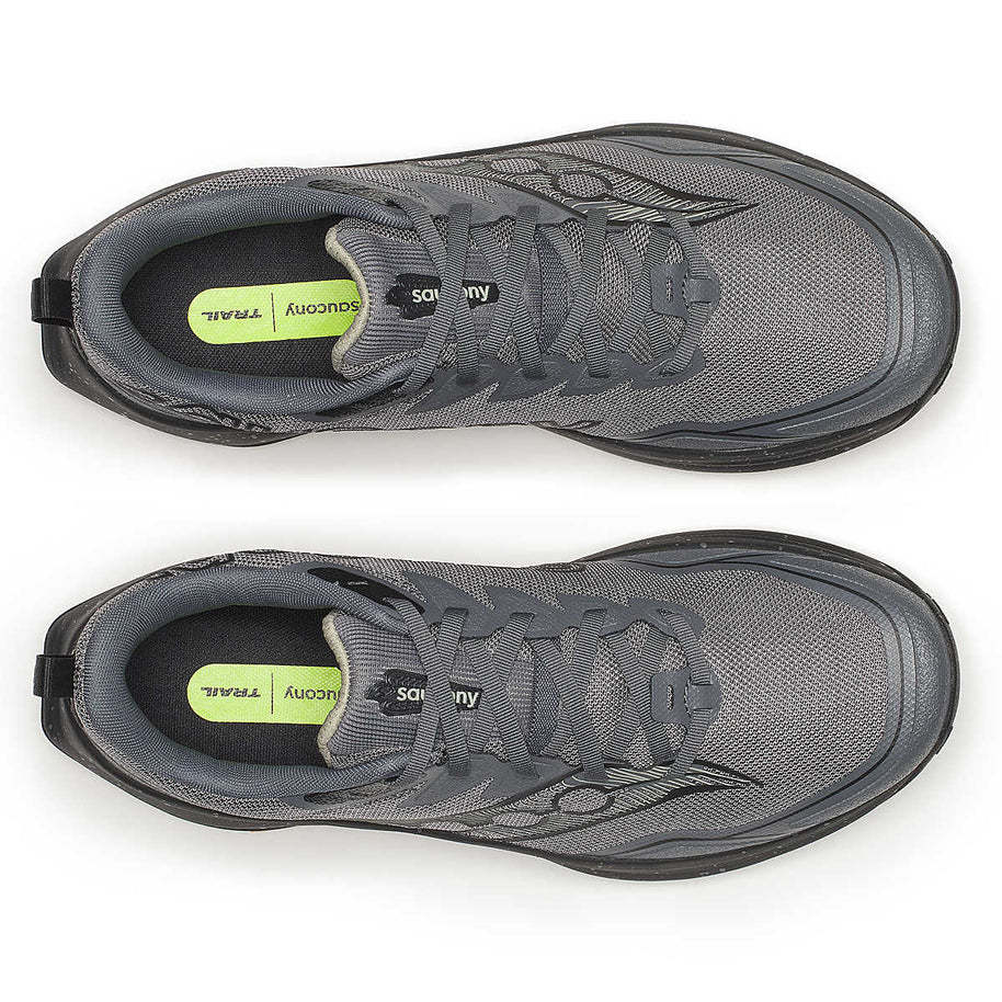 Peregrine 16 Wide - Men by Saucony in grey with Vibram Megagrip outsole, cushioned trail running shoe for rugged terrain and grip