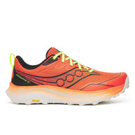 Peregrine 16 - Men by Saucony in orange and black trail running shoe with Vibram Megagrip sole for rugged terrain grip and cushioning