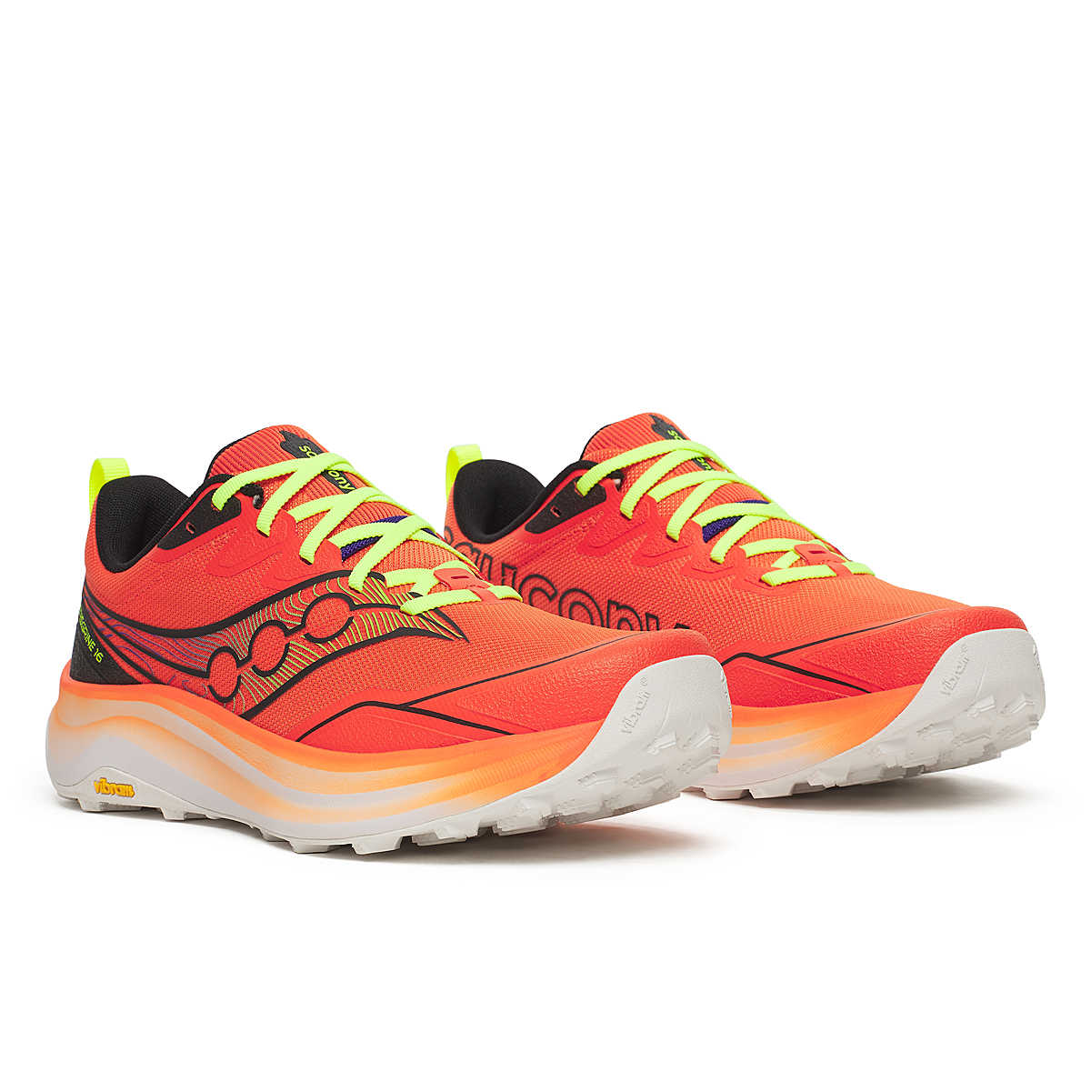 Peregrine 16 - Men by Saucony in bright orange and yellow with Vibram Megagrip sole for rugged trail running and outdoor terrain