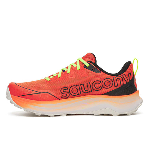 Peregrine 16 - Men by Saucony in bright orange and black with Vibram Megagrip sole, cushioned trail running shoe for rugged terrain
