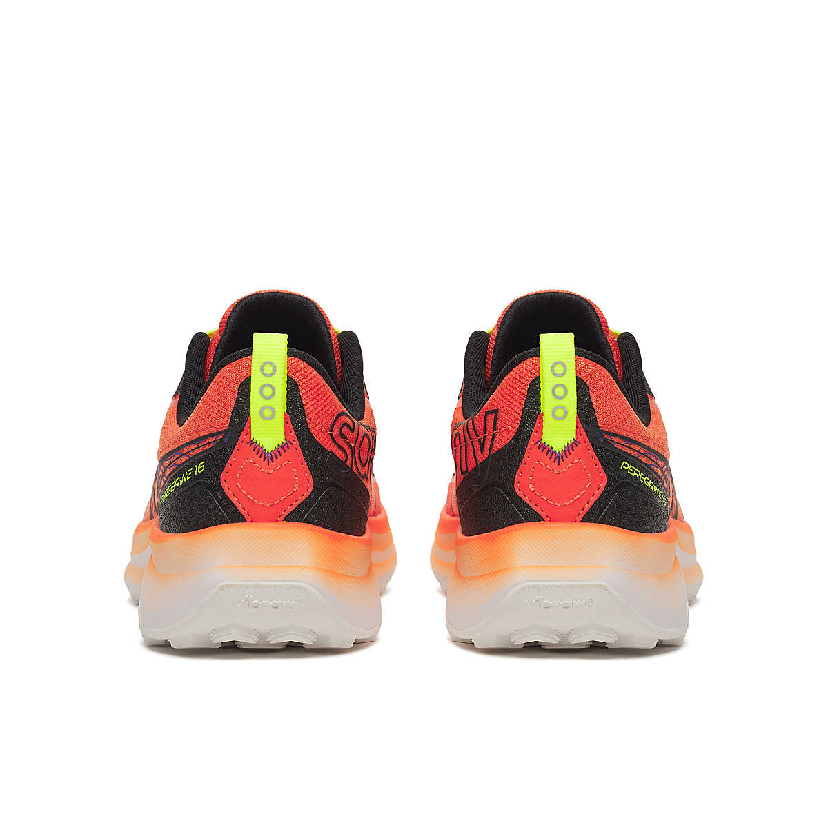Peregrine 16 - Men by Saucony in black and orange with Vibram Megagrip sole, cushioned trail running shoe for rugged terrain and outdoor use
