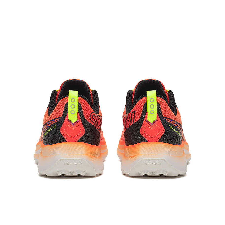 Peregrine 16 - Men by Saucony in black and orange with Vibram Megagrip sole, cushioned trail running shoe for rugged terrain and outdoor use