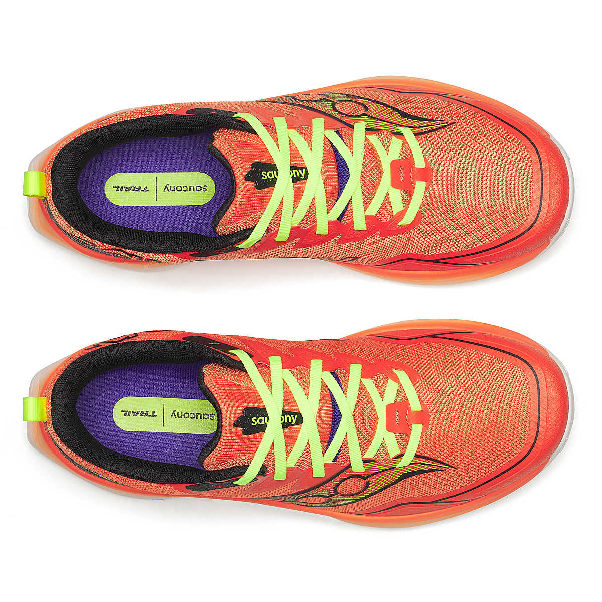Peregrine 16 - Men by Saucony in bright orange with yellow laces, Vibram Megagrip sole, cushioned trail running shoe for rugged terrain